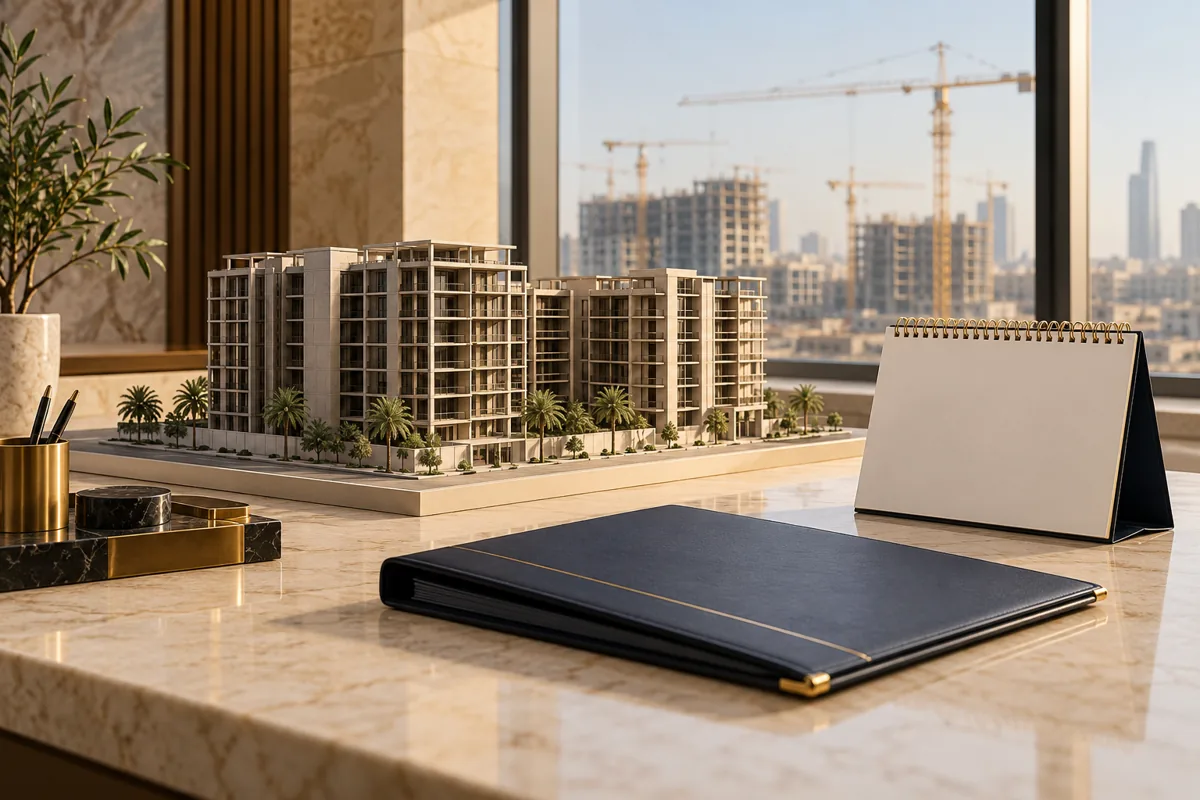 نموذج مبنى سكني مع تقويم ووثائق لمراجعة تمديد التسليم